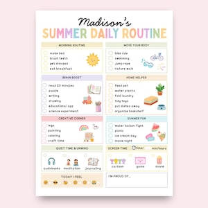 Tableau modifiable des routines quotidiennes d'été pour enfants, liste de contrôle des tâches ménagères (téléchargement numérique)