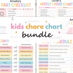May include: A digital bundle of printable charts and schedules featuring pastel-colored headers and text. The collection includes a daily checklist, weekly chore charts, a consequence chart, and a daily schedule with tasks like make my bed.