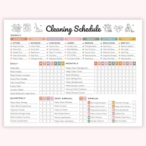 May include: A white Cleaning Schedule chart featuring black text and icons. It includes sections for weekly, daily, monthly, quarterly, semi-annual, and annual tasks with colored headers for days of the week and months of the year, plus checkboxes.