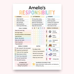 Puede incluir: Una tabla de responsabilidades colorida e imprimible titulada Amelia's Responsibility con secciones para tareas de mañana, tarde y noche, quehaceres diarios y semanales, un horario semanal con iconos, una sección de notas, afirmación y logros.
