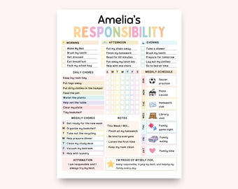 May include: A colourful printable responsibility chart titled Amelia's Responsibility with sections for morning, afternoon, and evening tasks, daily and weekly chores, a weekly schedule with icons, a notes section, an affirmation, and a proud of myself section.