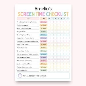 May include: A printable screen time checklist titled Amelia's Screen Time Checklist with pastel-colored headers. It features a list of tasks, time allotments in minutes, and a grid for tracking progress across the days of the week, ending with a total.
