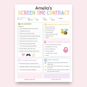 以下が含まれることがあります： Amelia's Screen Time Contractと書かれた印刷可能な契約書。毎日の制限時間、合意ルール、ハチのアイコン付きの報酬、ハートの南京錠アイコン付きの結果、目標、家族の約束、そして下部に署名欄が記載されています。