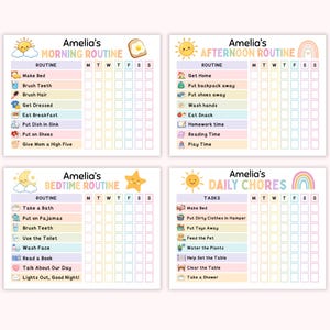 May include: Four rectangular charts titled Amelia's Morning Routine, Afternoon Routine, Bedtime Routine, and Daily Chores. Each chart features pastel-coloured rows with icons and text for tasks, alongside a weekly grid for tracking progress with M-S columns.