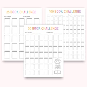 Peut inclure: Trois feuilles de suivi de lecture blanches avec du texte arc-en-ciel pastel. Les titres sont 25 Book Challenge, 50 Book Challenge et 100 Book Challenge. Chaque feuille comporte des espaces pour les dates et des lignes de livres vides.