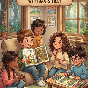 May include: Illustration of children learning about business basics. The image includes the text "EARN, SAVE, TRADE... LEARNING BUSINESS BASICS IS FUN! WITH JAX & TILLY." Children are reading books, drawing, and playing with money.