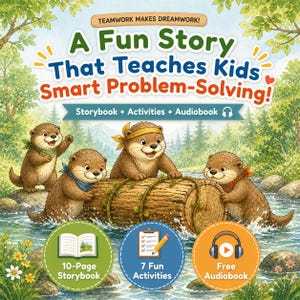 May include: A children's book cover with the title "A Fun Story That Teaches Kids Smart Problem-Solving!" features cartoon otters working together to move a log in a river. Includes a storybook, activities, and audiobook.