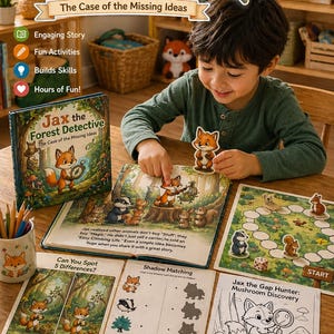 以下が含まれることがあります： 子供が、キツネのキャラクターが登場する子供向けの本とアクティビティシートで遊んでいます。「ジャックス・ザ・フォレスト・ディテクティブ」というタイトルの本には、「消えたアイデアの事件」というテキストが含まれています。その他のアクティビティには、影合わせやボードゲームなどがあります。