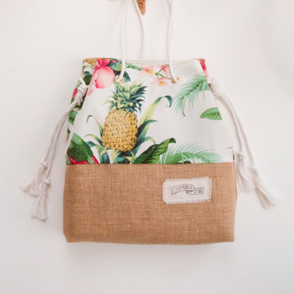 Tropical Pineapple Beach Bag / Palm Print Jute Tote / The Sandbag Special Edition