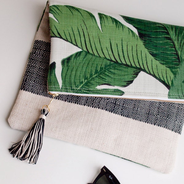 Green Foldover Clutch Purse iPad Sleeve / Martinique Beverly Hills Tropical Banana Leaf