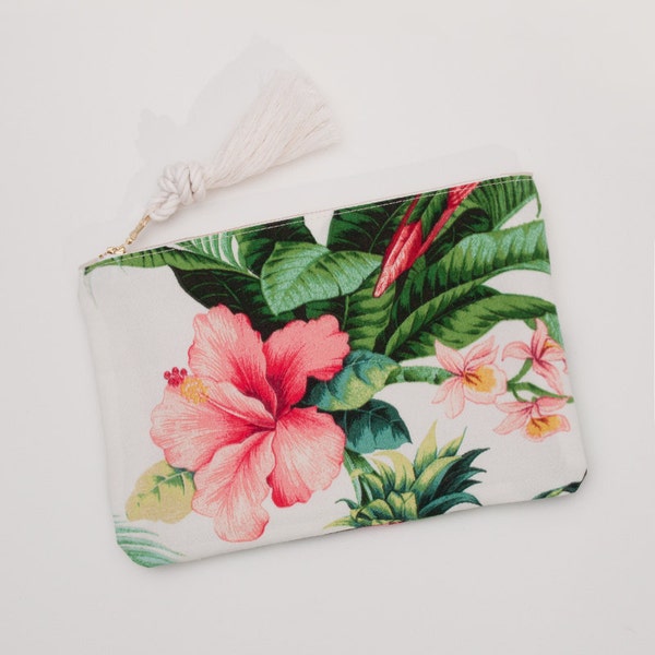 Pink Hibiscus & Greenery Palm Leaf Zipper Pouch Bridesmaid Gift Monogram