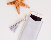 iPhone 6 Plus Sleeve Grey Suede Leather Case Gray Pouch with Tassel