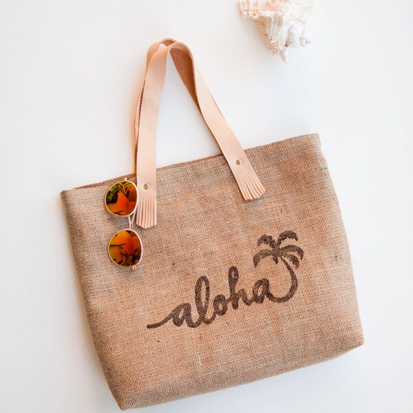 Natural Jute Burlap Beach Bag ALOHA Beach Tote Pink Palm Tree