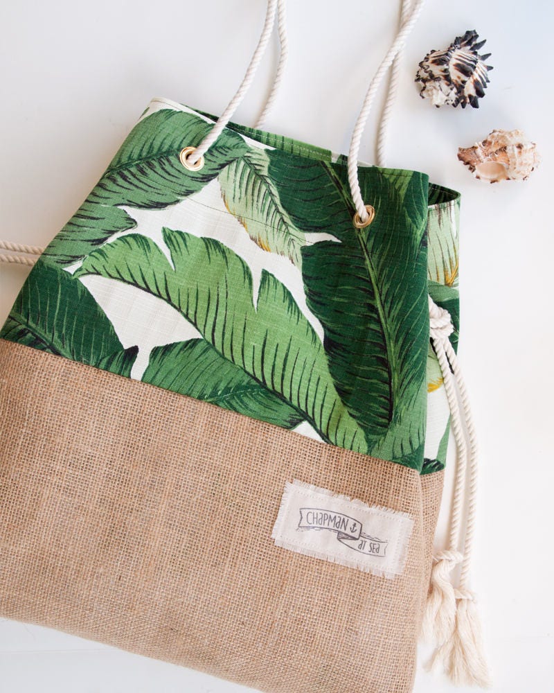 Palm Print Burlap Beach Bag The Sandbag in Green Banana Leaf | Etsy