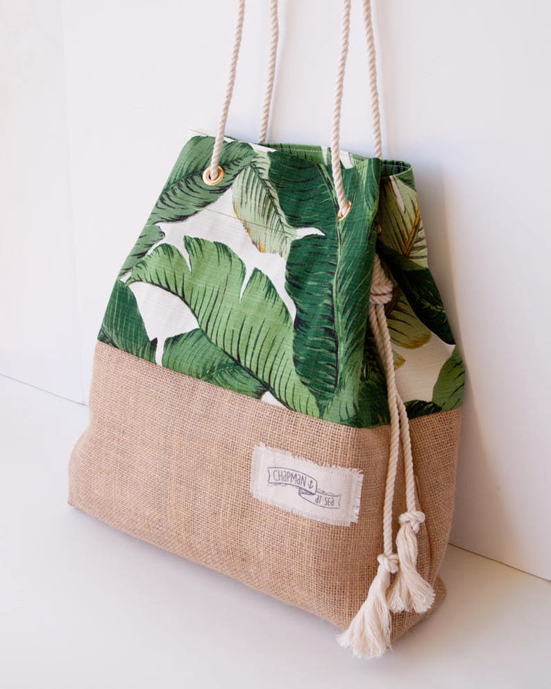 Palm Print Burlap Beach Bag The Sandbag in Green Banana Leaf | Etsy