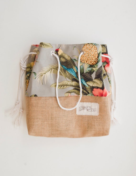 Burlap Bottom Beach Bag / Palm Print Pineapple Jute Tote / The | Etsy