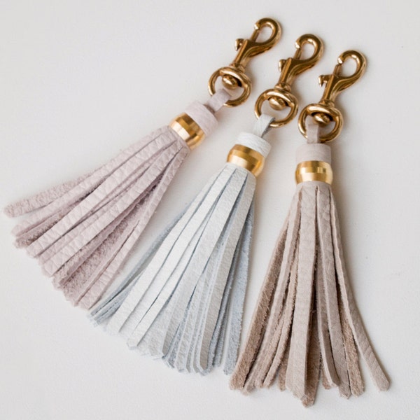 Leather Clip on Tassel / Blush White Grey / Brass Keychain