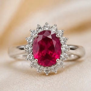 May include: A silver ring with an oval ruby gemstone, encircled by a halo of small, round diamonds. The ring's design is set against a soft, cream-coloured backdrop, accentuating the ruby's rich red hue.