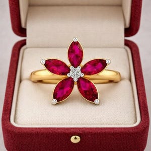 Gold-Plated Sterling Silver Ruby Flower Ring – Lab-Created Gemstone with Diamond Accents