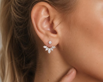 Crystal Ear Jacket Stud Earrings, CZ Leaf Front Back Earrings, Dainty Detachable Earrings, Bridal Wedding Jewelry, Gift for Her