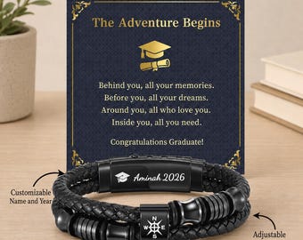 Personalized Graduation Bracelet for Him, Custom Leather Bracelet with Name & Year, Class of 2026 Graduation Gift for Son Boyfriend