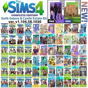Puede incluir: Una imagen de The Sims 4 Complete Edition, incluyendo Goth Galore & Castle Estate Kit. La imagen muestra el logotipo del juego y los detalles de la versión. Se ven numerosas portadas de packs de juego, con diversos temas y personajes.