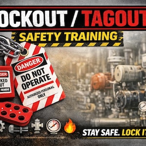May include: Image promoting Lockout/Tagout safety training. A red padlock and tag with "Danger" warnings are displayed. The text "LOCKOUT/TAGOUT SAFETY TRAINING" is at the top. The image also includes the text "STAY SAFE. LOCK IT OUT!"