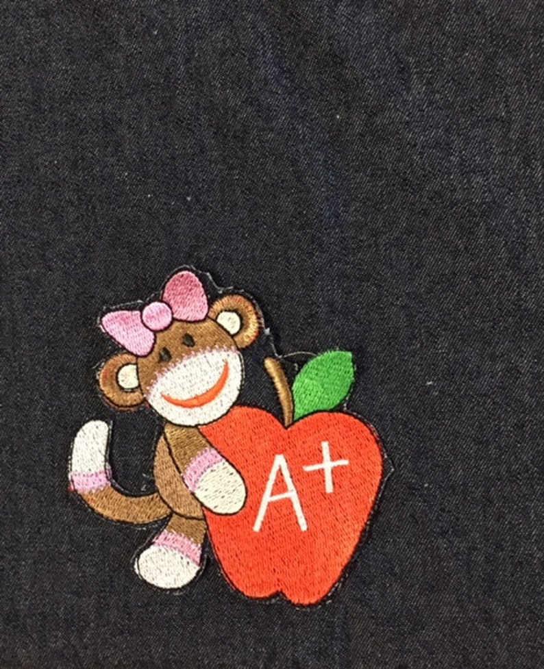 girl toddler size 6-12mo 78 years BACK to SCHOOL denim peasant dress with large offset apple applique...or crayons...or sock monkey