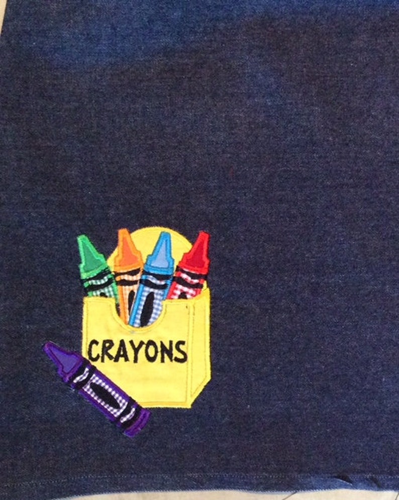 girl toddler size 6-12mo 78 years BACK to SCHOOL denim peasant dress with large offset apple applique...or crayons...or sock monkey