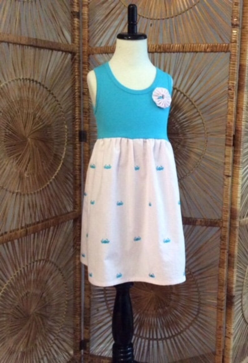 sizes 6mo Crisp pink seersucker with embroidered turquoise crabs.. SEERSUCKER CRABS TANK dress 8 years...lots of coordinates!