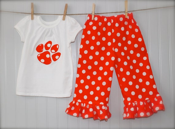 Girls Clemson Polka Pant Set Orange And White Polka Dot Tiger Paw Appliqué Top Many Sizes