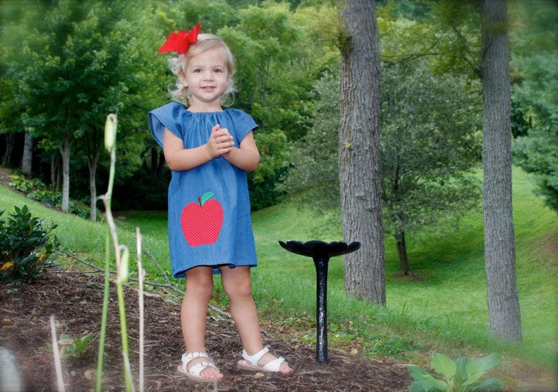 girl toddler size 6-12mo 78 years BACK to SCHOOL denim peasant dress with large offset apple applique...or crayons...or sock monkey
