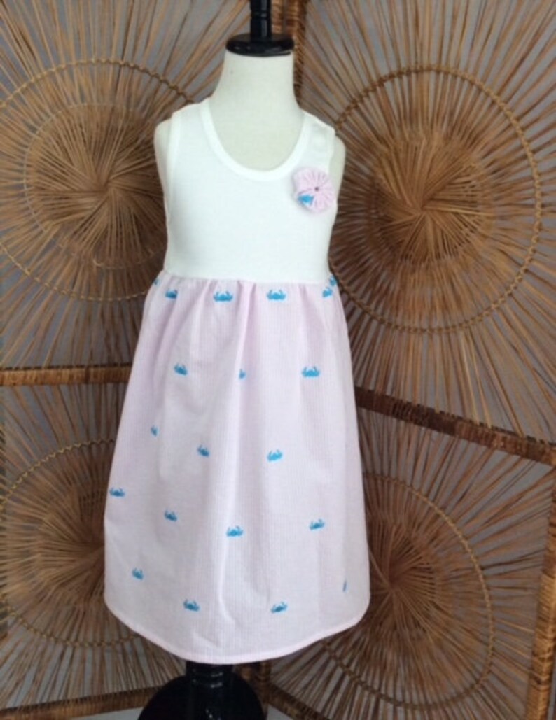 sizes 6mo Crisp pink seersucker with embroidered turquoise crabs.. SEERSUCKER CRABS TANK dress 8 years...lots of coordinates!