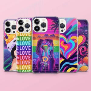 May include: A collection of five smartphone cases featuring vibrant, colourful graphic designs. The patterns include repeating text reading LOVE, a central illustration of two figures kissing with a sunflower, and abstract heart and wave motifs.