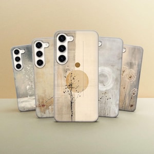 May include: Five rectangular smartphone cases arranged in a row, each featuring a unique artistic design in neutral beige, cream, and gray tones. The designs include botanical illustrations of trees, flowers, and abstract geometric circles.