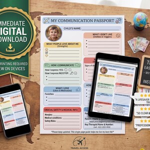 Peut inclure: Un modèle de passeport de communication numérique comprenant des sections pour le nom de l'enfant, ses forces, ses méthodes de communication, ses goûts et ses informations médicales, avec un espace photo circulaire et des zones de texte colorées.