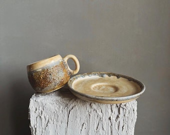 Handmade Ceramic Coffee Cup and Saucer Set - Rustic Stoneware, Espresso Use