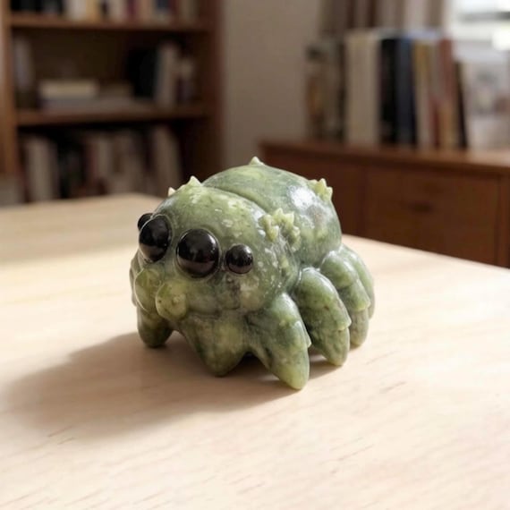 Hand-Carved Serpentine Spider Figurine, 5.5cm Gemstone Jumping Spider Statue, Crystal Desk Decor