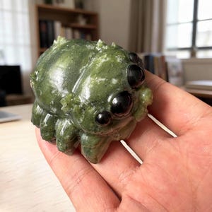 May include: A carved green stone figurine shaped like a jumping spider with a rounded body, textured surface, and multiple smooth, dark, circular eyes. The sculpture features a mottled olive and dark green color palette with small, pointed protrusions along the top and sides, mimicking the appearance of a small arachnid.