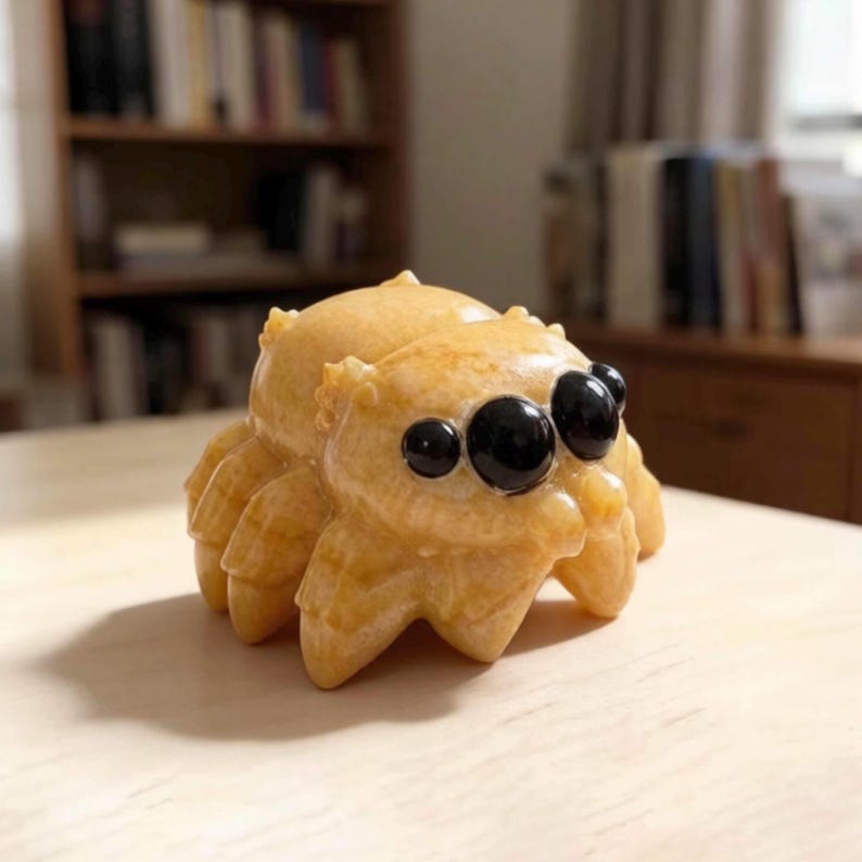 May include: A small, carved spider figurine made from a smooth, polished, honey-colored stone. The sculpture features a rounded body with multiple legs and three prominent, glossy, black circular eyes positioned on the front of the head.