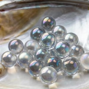 May include: A collection of iridescent glass spheres, reflecting a spectrum of colors, nestled within a pearlescent oyster shell. The spheres vary in size and are clustered together, creating a shimmering display. The shell provides a natural, textured backdrop.