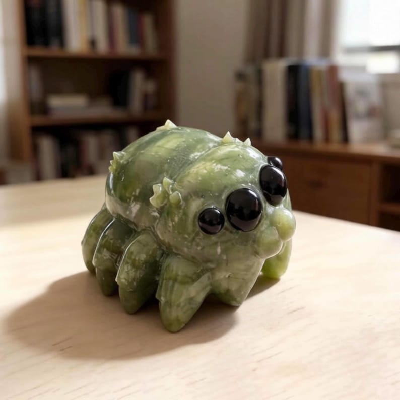 May include: A small, carved green stone figurine shaped like a spider with a rounded body, multiple legs, and several prominent, smooth, black circular eyes. The surface of the stone features natural variations in color and texture throughout.