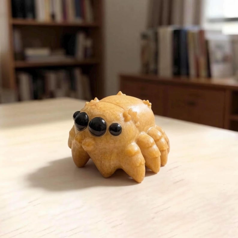 May include: A small, carved figurine of a jumping spider made from a light tan, textured stone. The spider features a rounded body with segmented legs and three prominent, smooth, glossy black circular eyes positioned on the front face.
