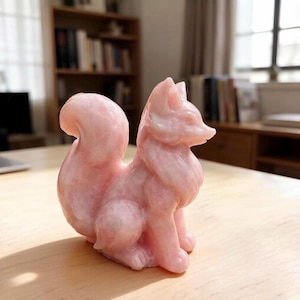 May include: A carved light pink stone figurine in the shape of a sitting fox with a large, curved tail. The sculpture features smooth, polished surfaces and detailed facial features, including pointed ears and a snout, rendered in a soft rose hue.