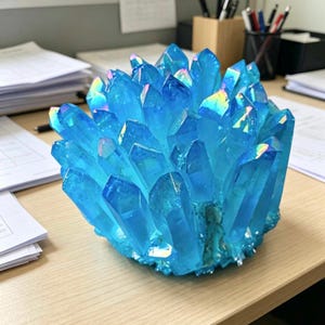 May include: A cluster of vibrant blue crystals with iridescent highlights. The crystals are clustered together, forming a striking, decorative piece. The crystals are on a wooden surface.