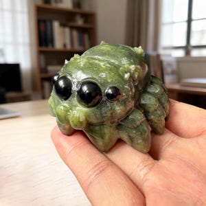 May include: A carved green stone figurine shaped like a jumping spider with a smooth, polished texture. The spider features three prominent, glossy black circular eyes on each side of its head and textured, segmented legs along its body.