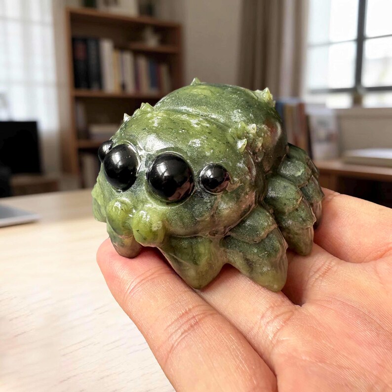 May include: A carved green stone figurine shaped like a jumping spider with a smooth, polished texture. The spider features three prominent, glossy black circular eyes on each side of its head and textured, segmented legs along its body.