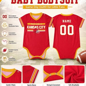 May include: A red baby bodysuit featuring a V-neck, short sleeves with yellow and white stripes, and the text Kansas City with a football graphic on the front. The back displays the word Name and the number 00 in white with yellow outlines.