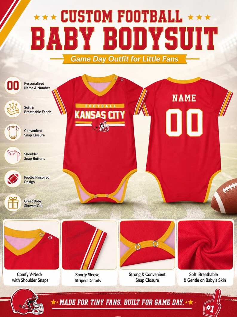 May include: A red baby bodysuit featuring a V-neck, short sleeves with yellow and white stripes, and the text Kansas City with a football graphic on the front. The back displays the word Name and the number 00 in white with yellow outlines.