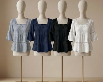 Cotton Womens Clothing Top, Peasant Blouse Pattern, Linen Blouse, Lace Trim, Summer Top Boho Lace fabric
